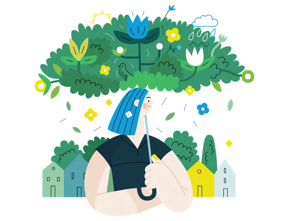 Femme sous un parapluie vert luxuriant de plantes et de fleurs  Illustration