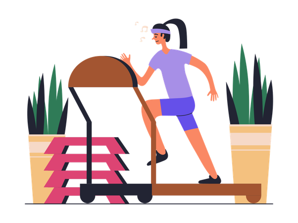 Femme sportive faisant de l'entraînement physique et courant sur un tapis roulant cardio au club de sport  Illustration