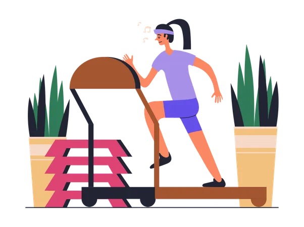 Femme sportive faisant de l'entraînement physique et courant sur un tapis roulant cardio au club de sport  Illustration