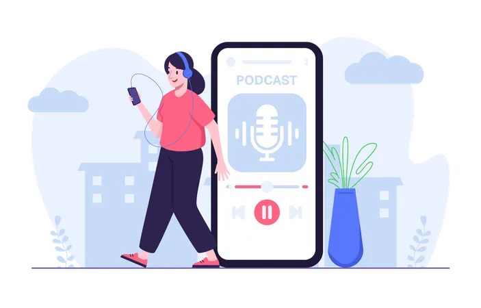 Femme diffusant de l'audio en podcast à l'aide d'une application mobile tout en marchant  Illustration