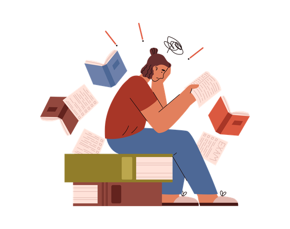 Une femme stressée est assise sur une pile de livres et étudie  Illustration