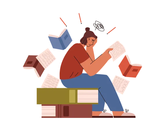 Une femme stressée est assise sur une pile de livres et étudie  Illustration