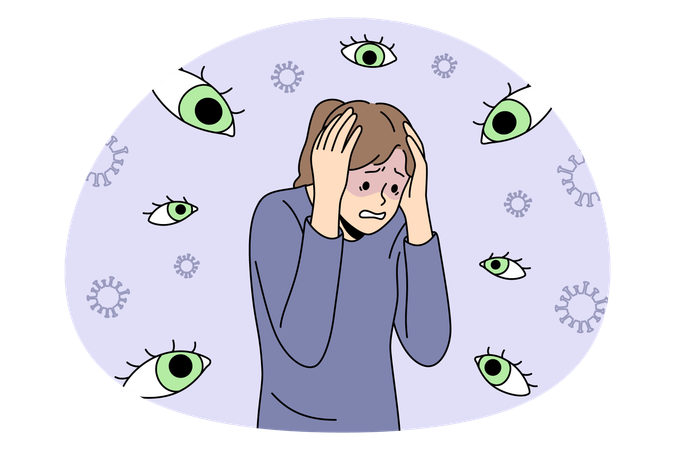 Une femme stressée se tient debout, sentant des yeux invisibles autour d'elle, ressentant de la panique et des problèmes nerveux  Illustration