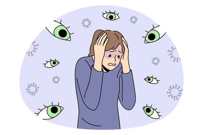 Une femme stressée se tient debout, sentant des yeux invisibles autour d'elle, ressentant de la panique et des problèmes nerveux  Illustration