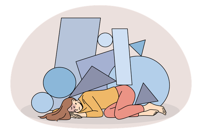 Une femme stressée, immobile sous le poids des difficultés de la vie  Illustration