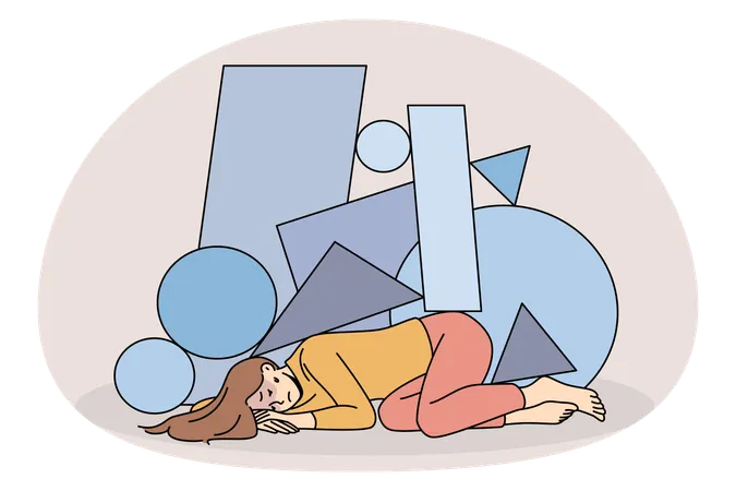 Une femme stressée, immobile sous le poids des difficultés de la vie  Illustration