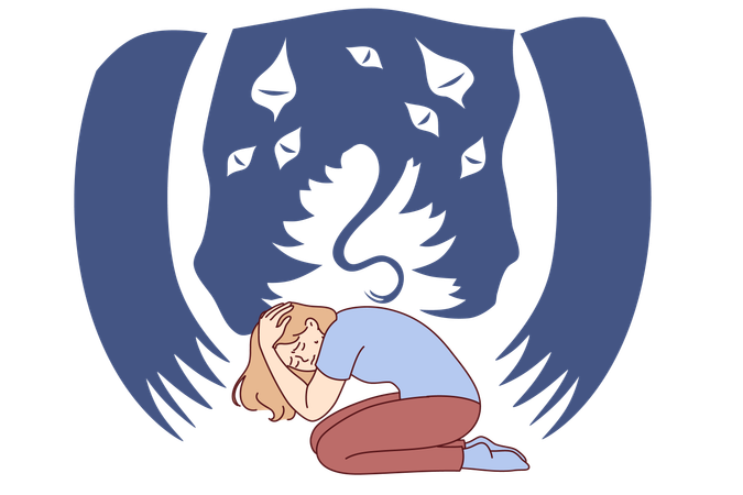 Une femme subit une crise de panique ou souffre d'hallucinations en voyant un monstre terrible  Illustration