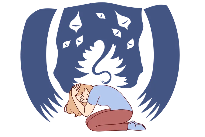 Une femme subit une crise de panique ou souffre d'hallucinations en voyant un monstre terrible  Illustration