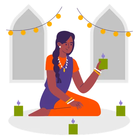 Une femme suit la tradition de Diwali  Illustration