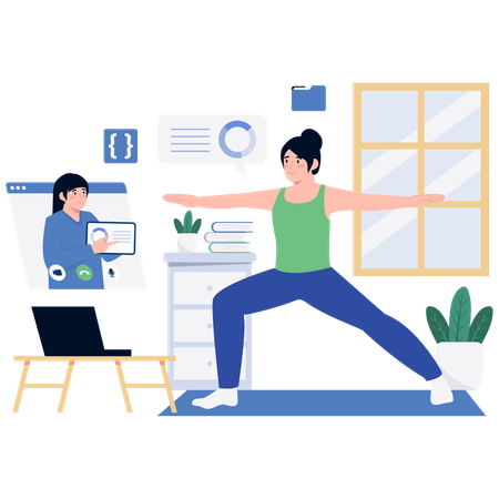 Une femme suit un cours de fitness en ligne  Illustration