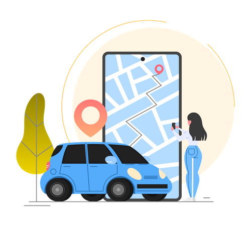 Femme suivant un taxi via une application  Illustration