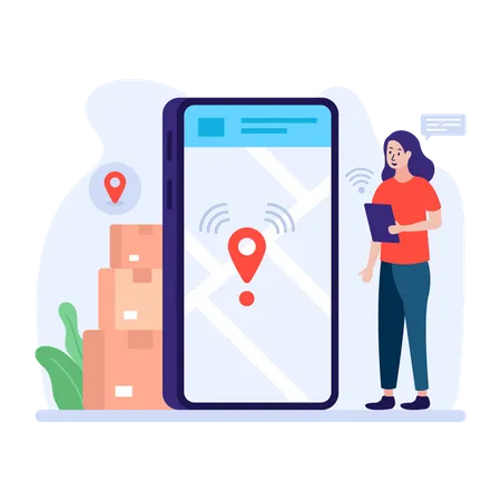 Femme suivant le colis à l'aide d'une application de suivi  Illustration