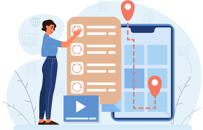 Une femme suit son itinéraire de localisation via une application mobile  Illustration