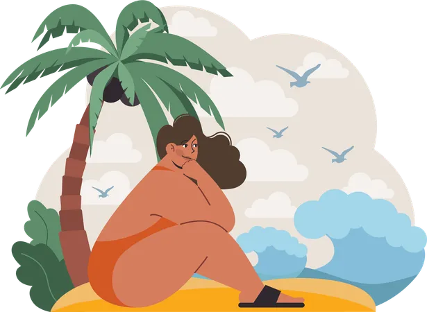 Femme seule sur la plage  Illustration