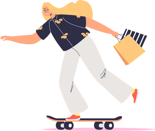 Femme sur skate tenant des sacs à provisions  Illustration