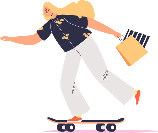 Femme sur skate tenant des sacs à provisions  Illustration