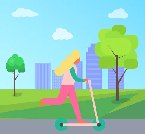 Femme à cheval sur un scooter dans le parc de la ville  Illustration