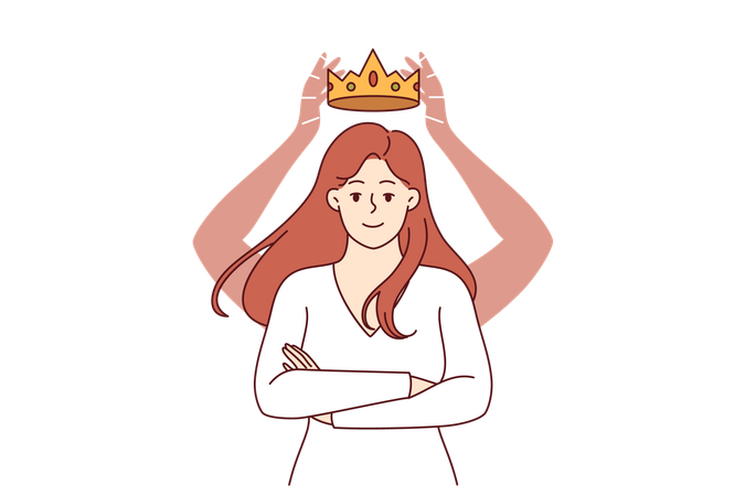 Une femme sûre d'elle avec une couronne au-dessus de la tête se tient debout, les bras croisés devant la poitrine  Illustration