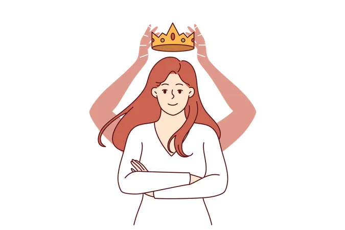 Une femme sûre d'elle avec une couronne au-dessus de la tête se tient debout, les bras croisés devant la poitrine  Illustration