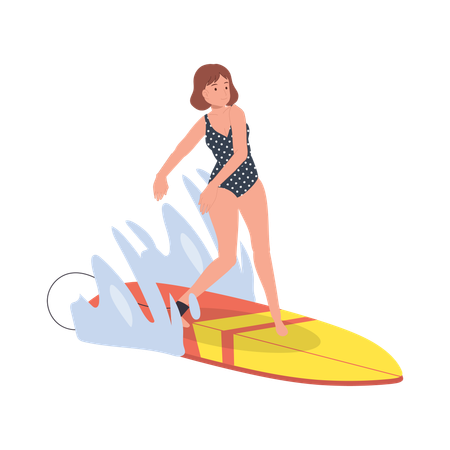 Femme surfant avec planche de surf  Illustration