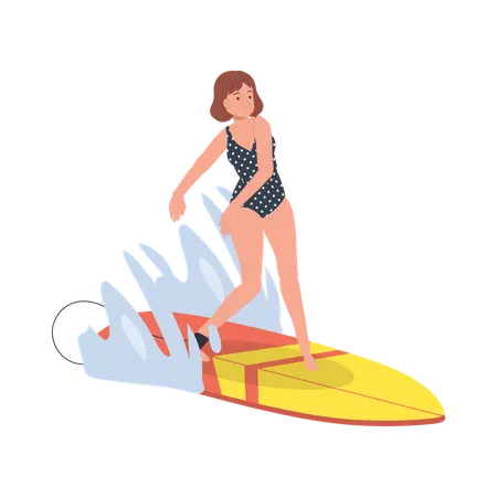 Femme surfant avec planche de surf  Illustration