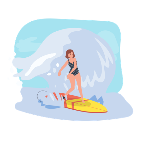 Femme surfant avec planche de surf sur Big Wave  Illustration