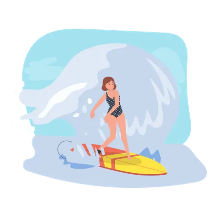 Femme surfant avec planche de surf sur Big Wave  Illustration