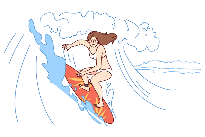 Femme surfant en mer  Illustration