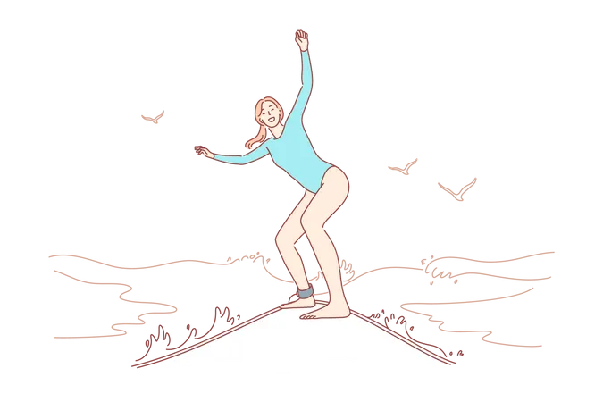 Femme surfeuse en bikini et attrapant les vagues de l'océan  Illustration