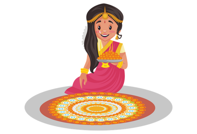 Femme tamoule assise près de rangoli et tenant une assiette de laddoo  Illustration