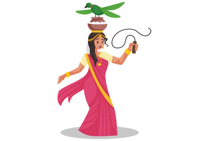 Femme tamoule faisant de la danse folklorique au festival Pongal  Illustration