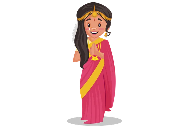 Femme tamoule indienne debout dans une pose de bienvenue  Illustration