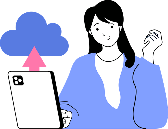 Une femme télécharge des fichiers sur le réseau cloud  Illustration