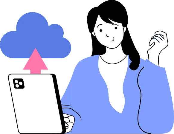 Une femme télécharge des fichiers sur le réseau cloud  Illustration