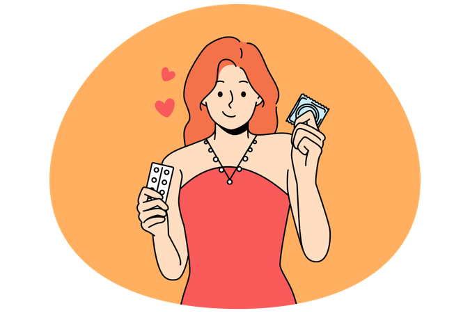 Une femme tenant des méthodes de contraception pour prévenir la grossesse  Illustration