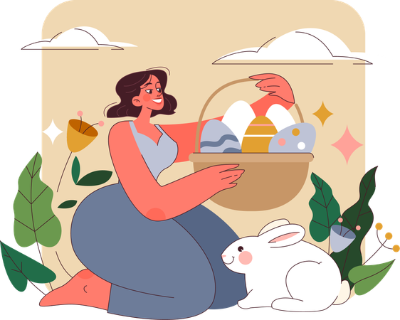 Femme tenant un panier d'oeufs de Pâques  Illustration