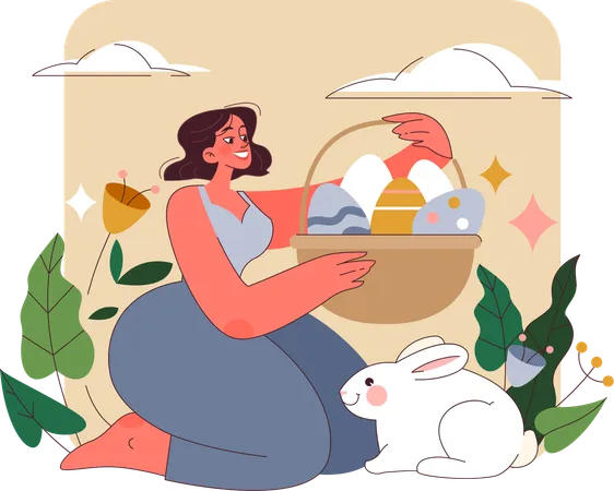 Femme tenant un panier d'oeufs de Pâques  Illustration