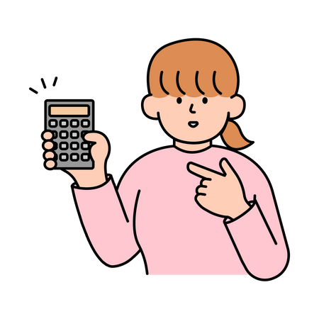 Femme tenant et pointant vers la calculatrice  Illustration