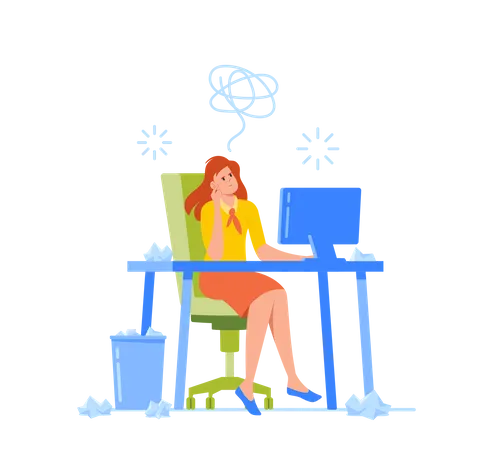 Femme tenant la tête avec les mains assise sur le lieu de travail avec des papiers froissés autour  Illustration