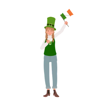 Femme tenant le drapeau irlandais  Illustration