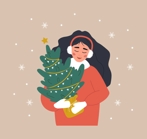 Femme tenant un arbre de Noël en pot  Illustration