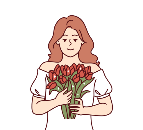 Femme tenant un bouquet de fleurs  Illustration