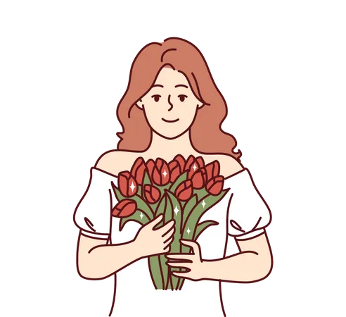 Femme tenant un bouquet de fleurs  Illustration