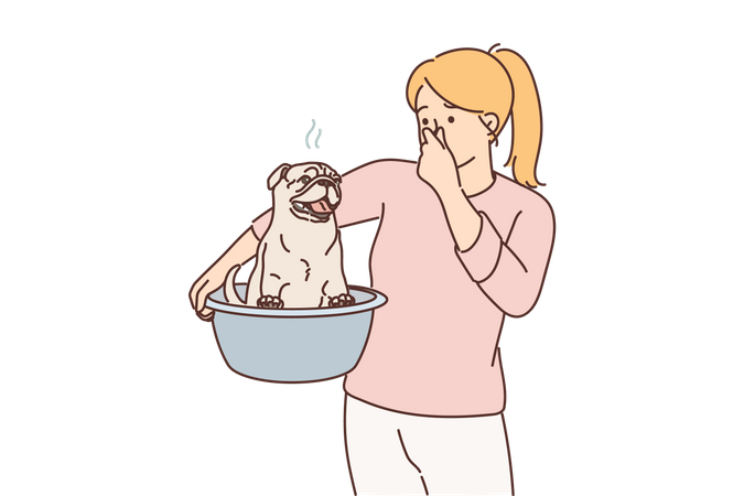 Femme tenant un chien malodorant  Illustration