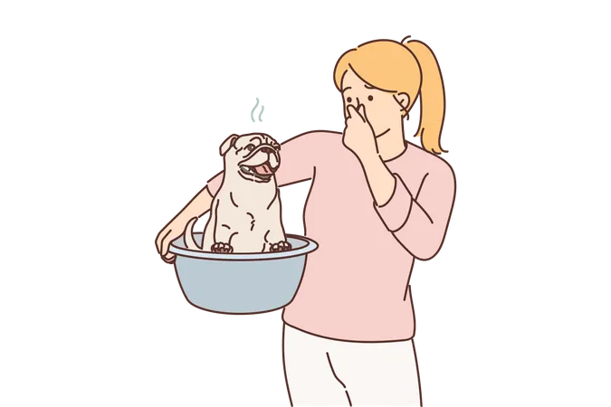 Femme tenant un chien malodorant  Illustration