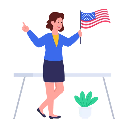 Femme tenant le drapeau des états-unis  Illustration