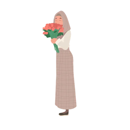 Femme tenant un beau bouquet de roses  Illustration