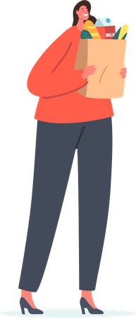 Femme tenant un paquet de papier avec de la nourriture, acheter des produits dans un magasin du marché. Personnage féminin client avec sac écologique  Illustration