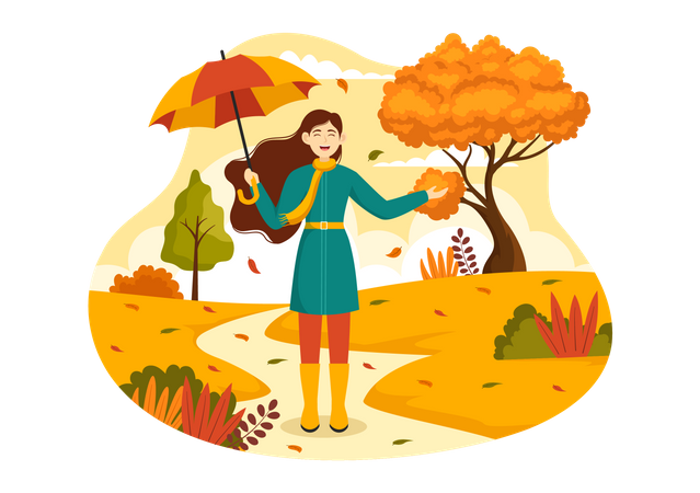 Femme tenant un parapluie dans le parc d'automne  Illustration