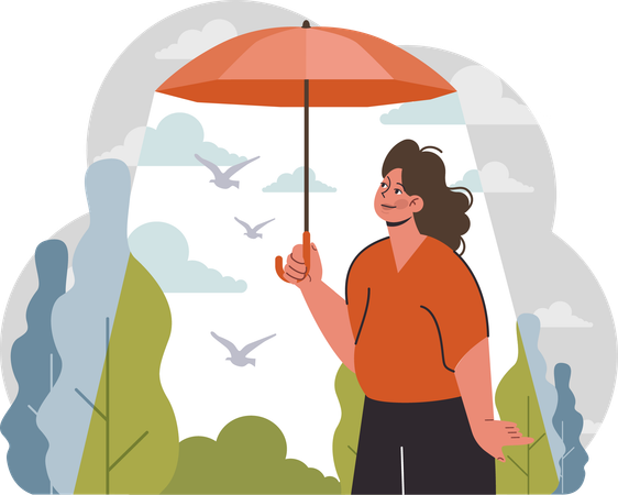 Femme tenant un parapluie et sortant tout en profitant de la nature  Illustration